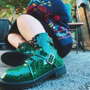 SHEIN Green faux croc combat boots, barely worn
